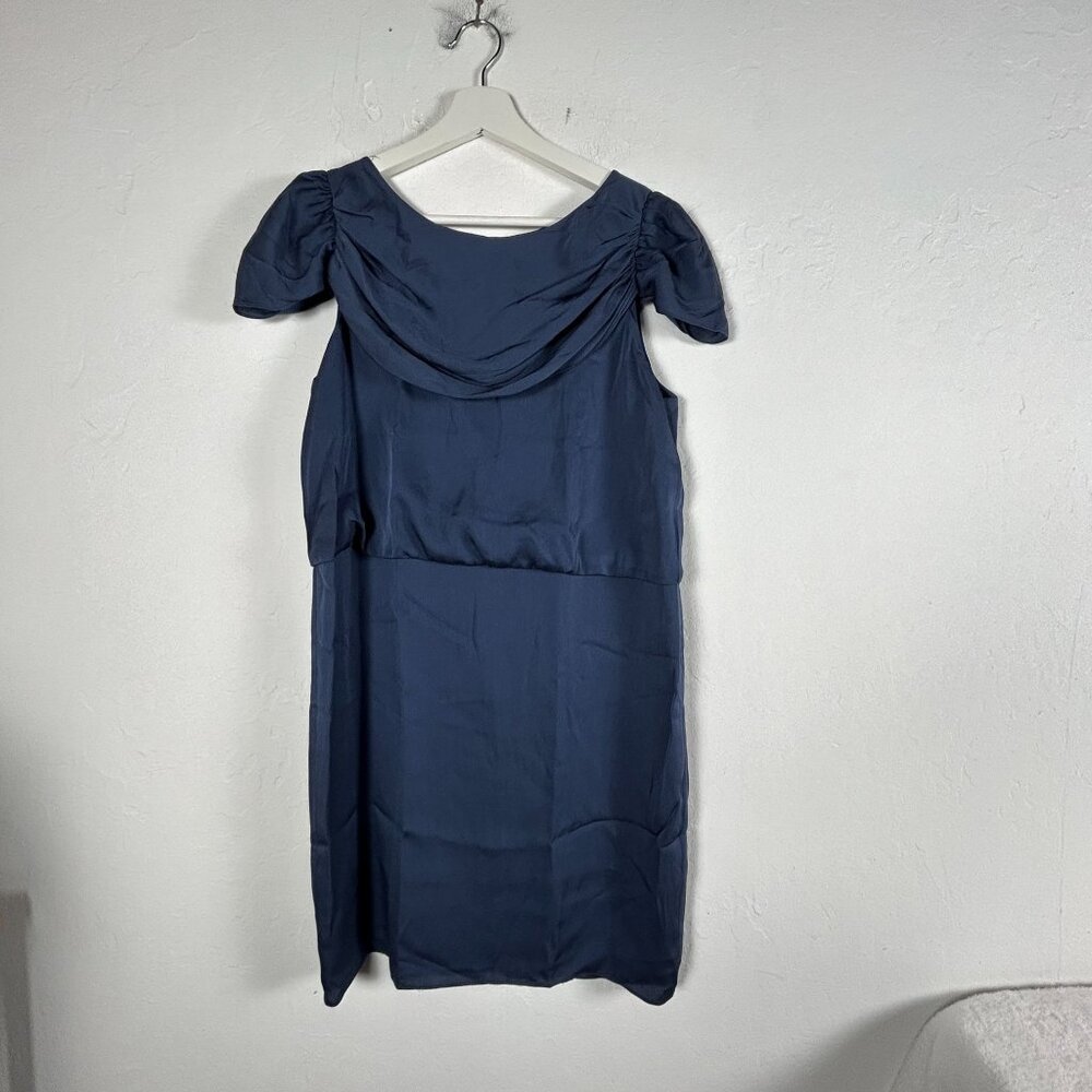 Alice + Olivia Womens Navy Blue Silk Blend Dress Puff Sleeve Draped Shift Mini